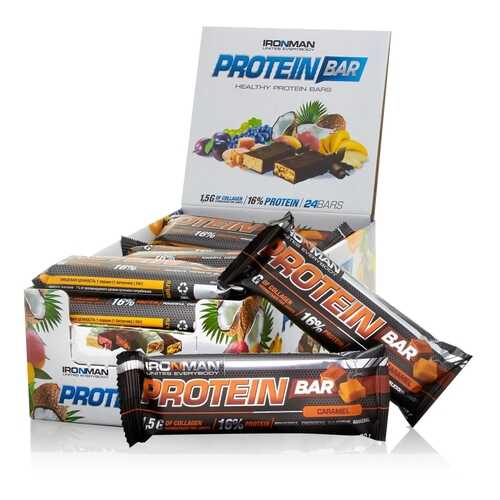 Батончик IRONMAN Protein Bar с коллагеном, 50г (Карамель/тёмная глазурь)(24шт) в Кант